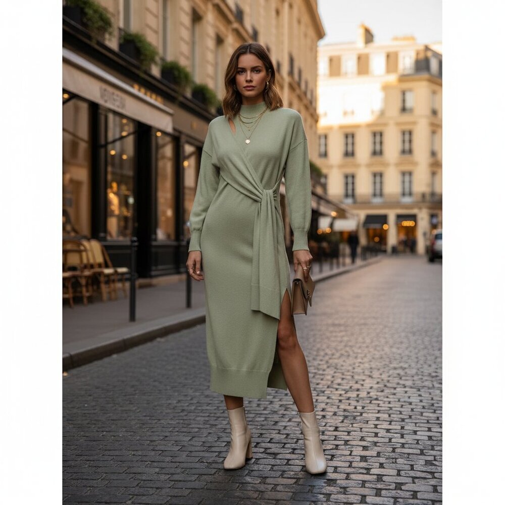 Moon River Sage Green Long Sleeve Pullover Wrap Knit Sweater Dress One Size NWT